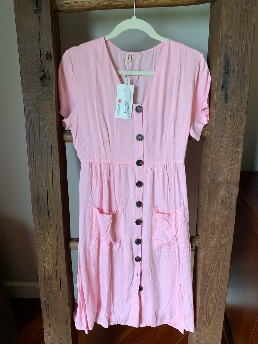 Women's Pink Button-Front Maxi Dress with Pockets